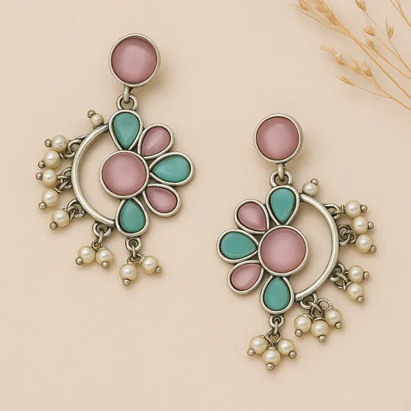 Multicolor_Oxidized_Floral_Earrings_|_Pink_&_Green_Enamel_With_Pearls_For_Women