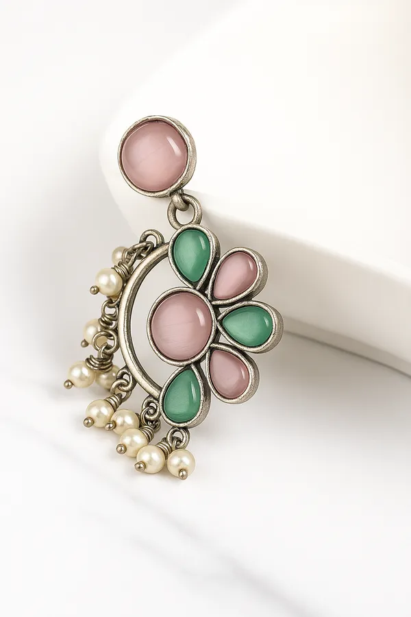 Multicolor_Oxidized_Floral_Earrings_|_Pink_&_Green_Enamel_With_Pearls_For_Women