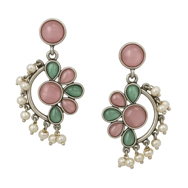 Multicolor_Oxidized_Floral_Earrings_|_Pink_&_Green_Enamel_With_Pearls_For_Women