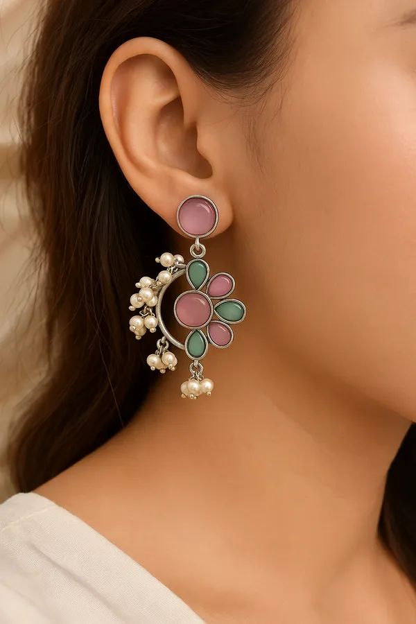 Multicolor_Oxidized_Floral_Earrings_|_Pink_&_Green_Enamel_With_Pearls_For_Women