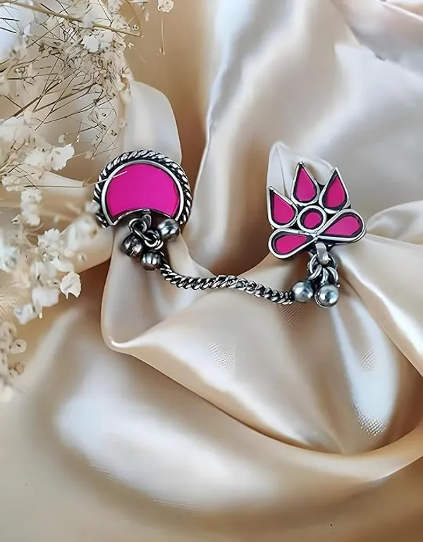Pink_Oxidized_Dual-Finger_Chain_Ring_|_Pink_Enamel_Statement_Design_For_Women