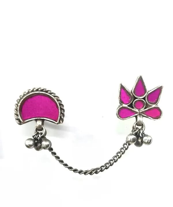 Pink_Oxidized_Dual-Finger_Chain_Ring_|_Pink_Enamel_Statement_Design_For_Women