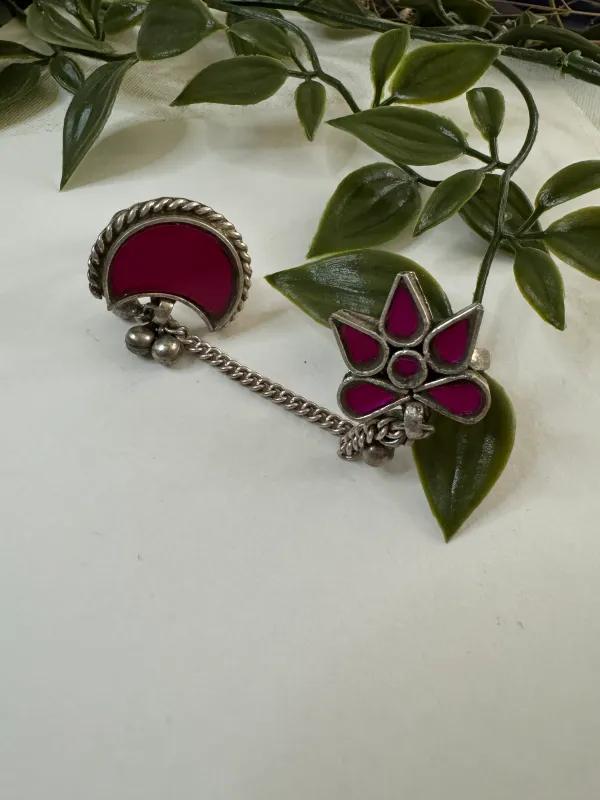 Pink_Oxidized_Dual-Finger_Chain_Ring_|_Pink_Enamel_Statement_Design_For_Women