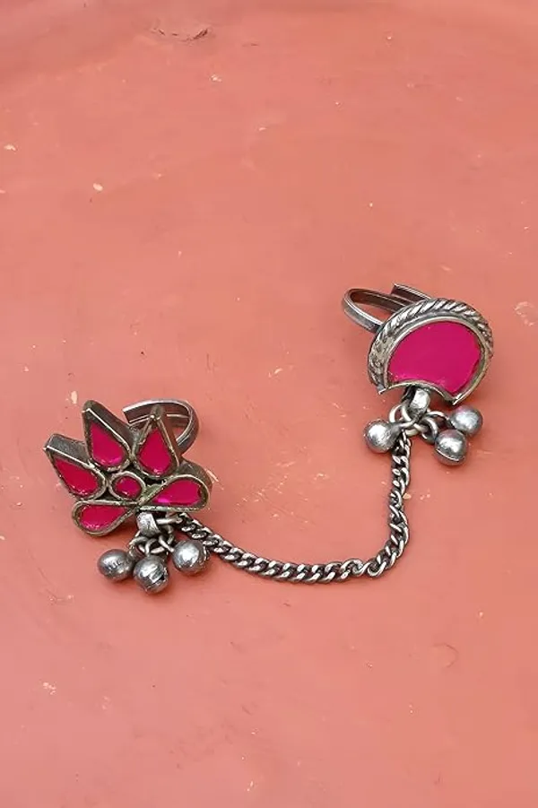 Pink_Oxidized_Dual-Finger_Chain_Ring_|_Pink_Enamel_Statement_Design_For_Women