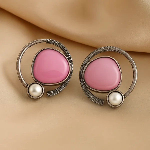 Pink_Stone_&_Pearl_Earrings_|_Oxidized_Silver_Circle_Design_For_Women