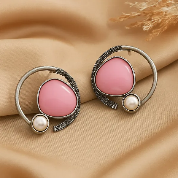 Pink_Stone_&_Pearl_Earrings_|_Oxidized_Silver_Circle_Design_For_Women