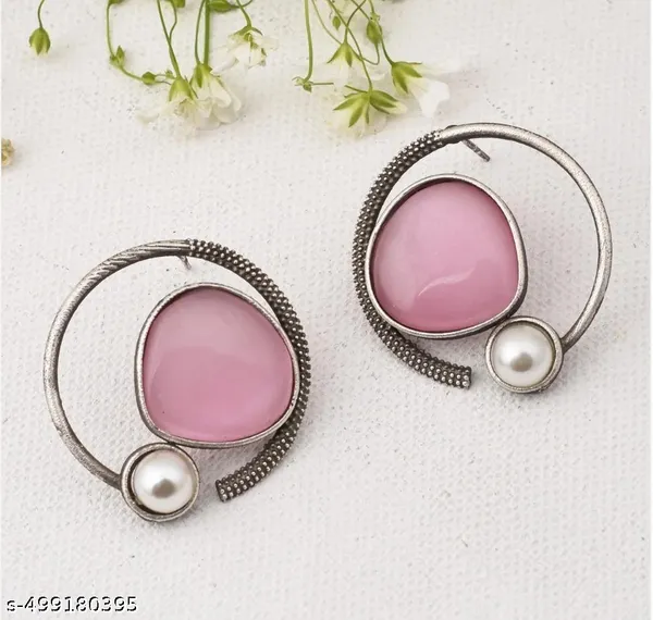 Pink_Stone_&_Pearl_Earrings_|_Oxidized_Silver_Circle_Design_For_Women