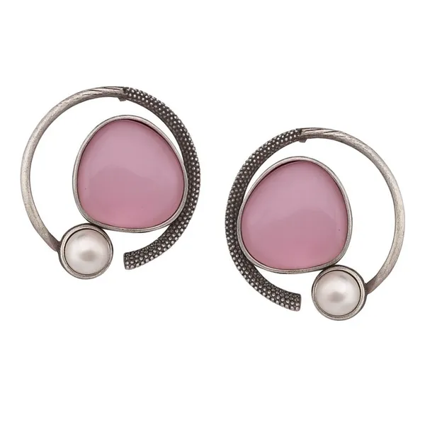 Pink_Stone_&_Pearl_Earrings_|_Oxidized_Silver_Circle_Design_For_Women