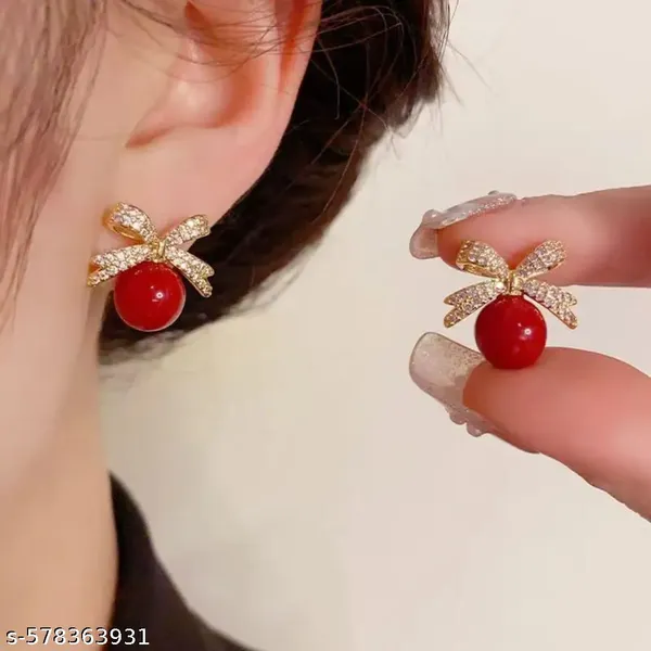 Red_Pearl_Bow_Earrings_|_Elegant_Gold-Plated_Stud_Earrings_With_Cz_Stones_For_Women