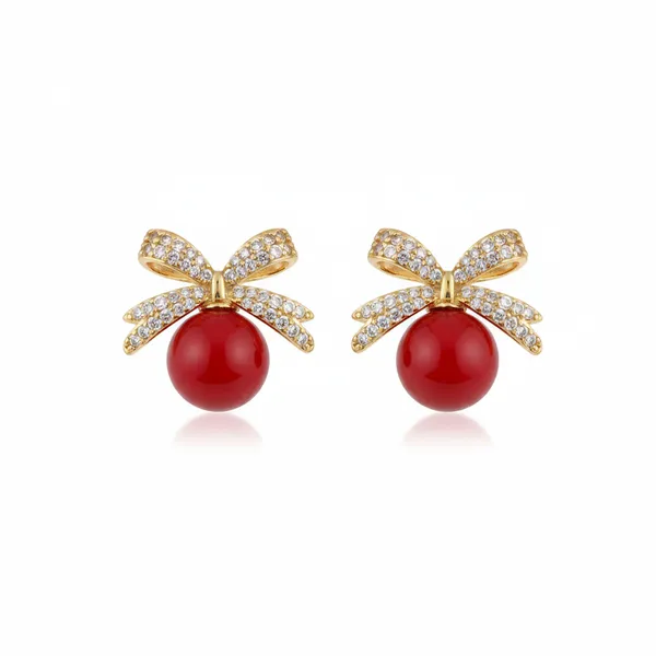 Red_Pearl_Bow_Earrings_|_Elegant_Gold-Plated_Stud_Earrings_With_Cz_Stones_For_Women