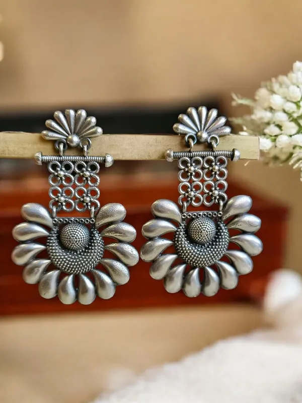 Silver_Oxidized_Floral_Lattice_Earrings_|_Handcrafted_Statement_Jewellery_For_Women