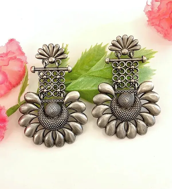 Silver_Oxidized_Floral_Lattice_Earrings_|_Handcrafted_Statement_Jewellery_For_Women