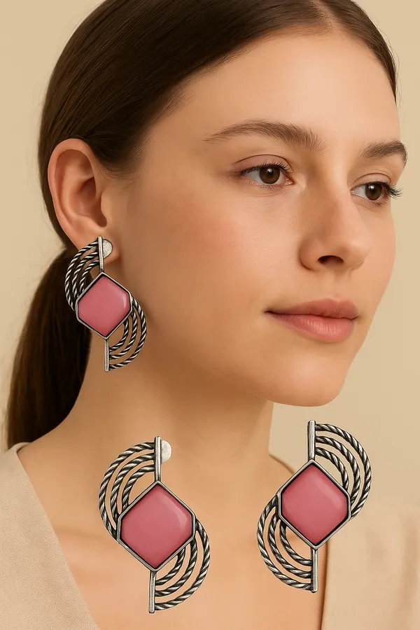 Pink_Oxidized_Hexa_Earrings_|_Modern_Geometric_Charm_For_Women