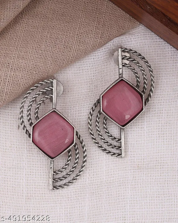 Pink_Oxidized_Hexa_Earrings_|_Modern_Geometric_Charm_For_Women