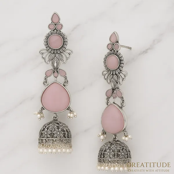 Pink_Oxidized_Floral_Jhumka_Earrings_|_Elegant_Pearl_Drop_Silver-Plated_Dangler_Earrings_For_Women
