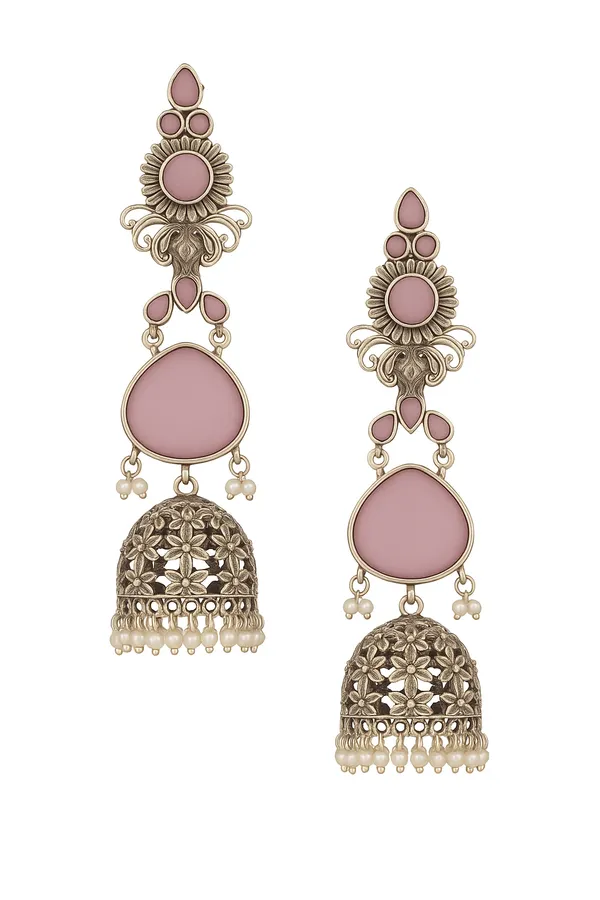 Pink_Oxidized_Floral_Jhumka_Earrings_|_Elegant_Pearl_Drop_Silver-Plated_Dangler_Earrings_For_Women