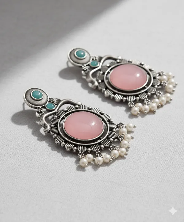 Silver_Pink_&_Green_Oxidized_Pearl_Earrings_|_Handcrafted_Ethnic_Elegance_For_Women