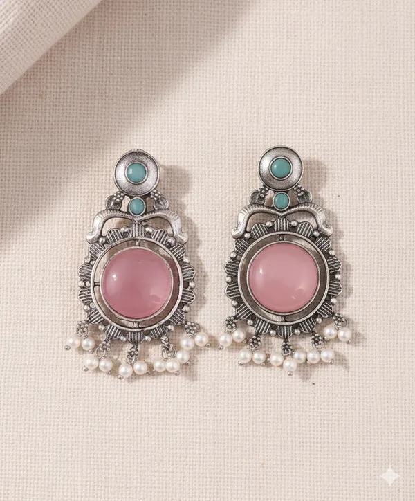 Silver_Pink_&_Green_Oxidized_Pearl_Earrings_|_Handcrafted_Ethnic_Elegance_For_Women