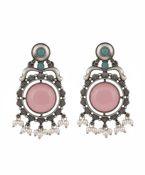 Silver_Pink_&_Green_Oxidized_Pearl_Earrings_|_Handcrafted_Ethnic_Elegance_For_Women