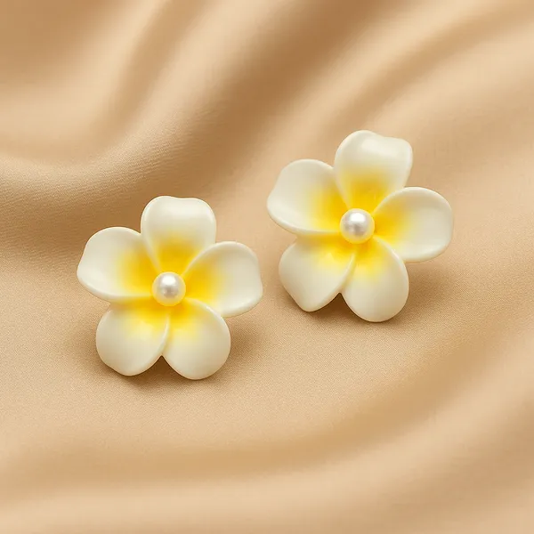 White_&_Yellow_Plumeria_Pearl_Floral_Earrings_|_Elegant_Studs_For_Women