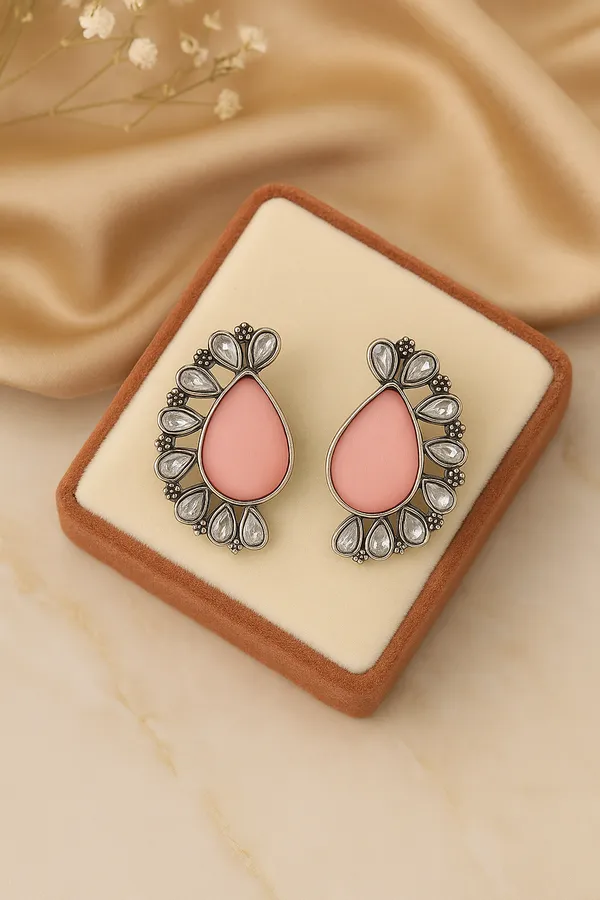 Silver_Pink_Oxidized_Crystal_Earrings_|_Teardrop_Statement_Elegance_For_Women