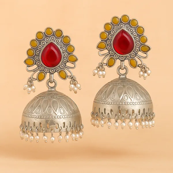 Silver_&_Red_Oxidized_Jhumka_Earrings_With_Vibrant_Stone_Accents_For_Women