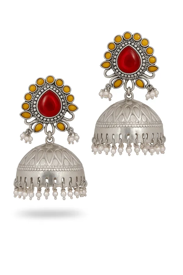 Silver_&_Red_Oxidized_Jhumka_Earrings_With_Vibrant_Stone_Accents_For_Women