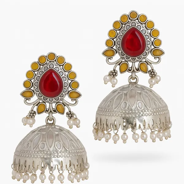 Silver_&_Red_Oxidized_Jhumka_Earrings_With_Vibrant_Stone_Accents_For_Women
