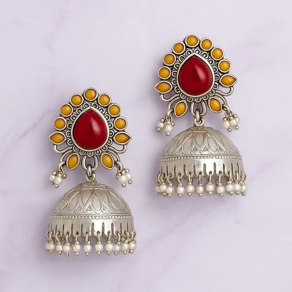 Silver_&_Red_Oxidized_Jhumka_Earrings_With_Vibrant_Stone_Accents_For_Women
