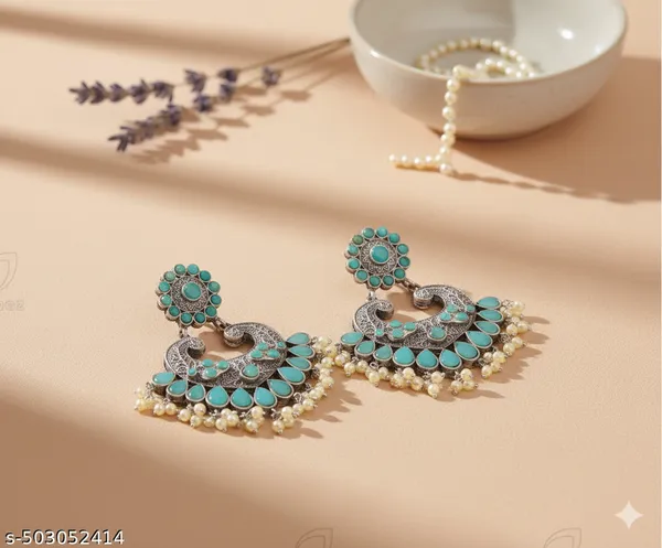 Teal_Blue_Oxidized_Silver_Chandbali_Earrings_With_Turquoise_Stones_&_Pearl_Drops_For_Women