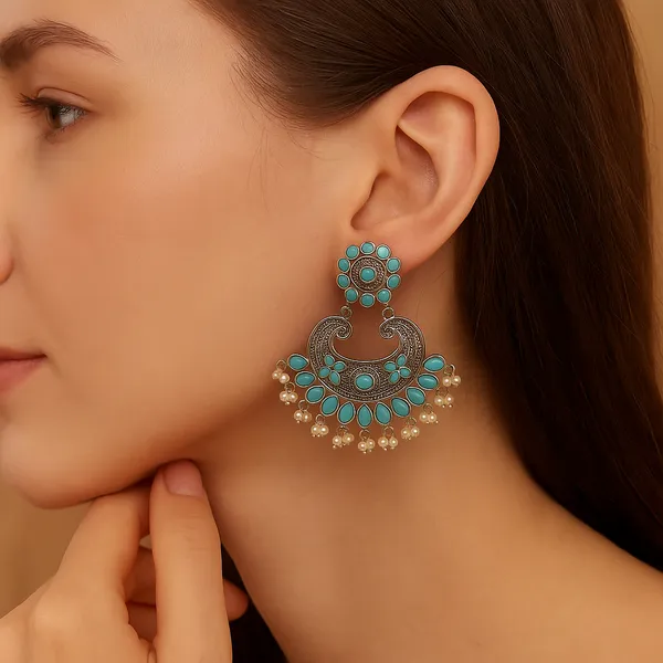 Teal_Blue_Oxidized_Silver_Chandbali_Earrings_With_Turquoise_Stones_&_Pearl_Drops_For_Women
