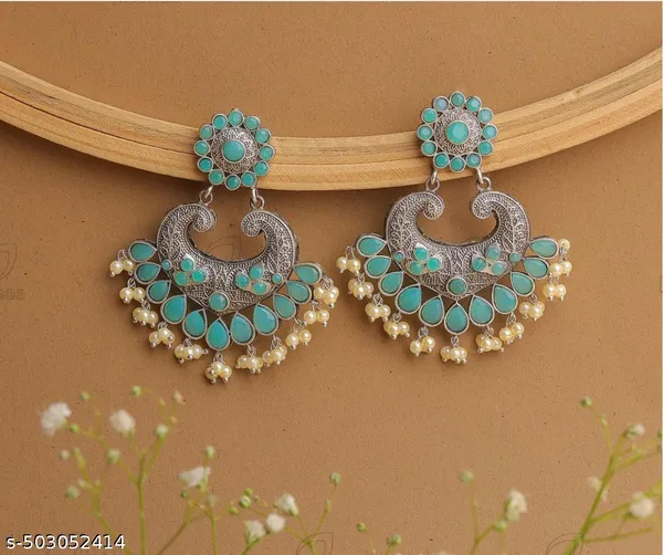 Teal_Blue_Oxidized_Silver_Chandbali_Earrings_With_Turquoise_Stones_&_Pearl_Drops_For_Women