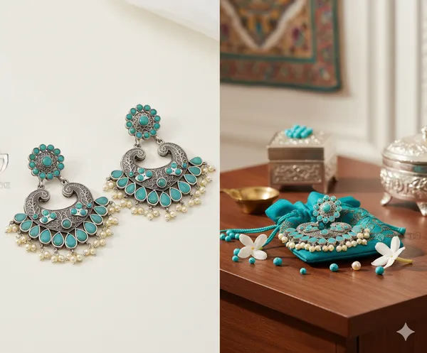 Teal_Blue_Oxidized_Silver_Chandbali_Earrings_With_Turquoise_Stones_&_Pearl_Drops_For_Women