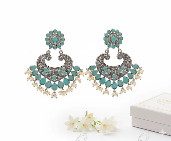 Teal_Blue_Oxidized_Silver_Chandbali_Earrings_With_Turquoise_Stones_&_Pearl_Drops_For_Women