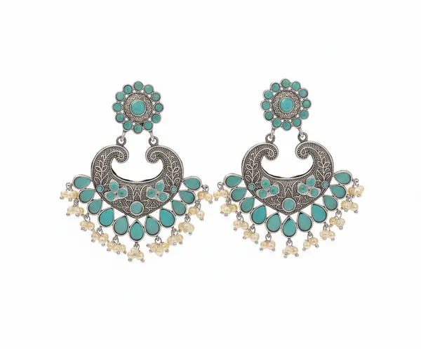 Teal_Blue_Oxidized_Silver_Chandbali_Earrings_With_Turquoise_Stones_&_Pearl_Drops_For_Women
