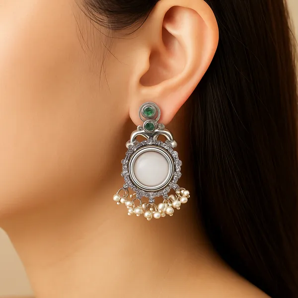 Silver_White_&_Green_Oxidized_Pearl_Earrings_|_Handcrafted_Vintage_Charm_For_Women