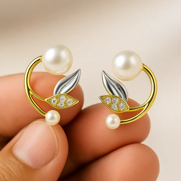Gold_Pearl_&_Leaf_Earrings_|_Elegant_Dual-Tone_Crystal_Accent_Jewellery_For_Women