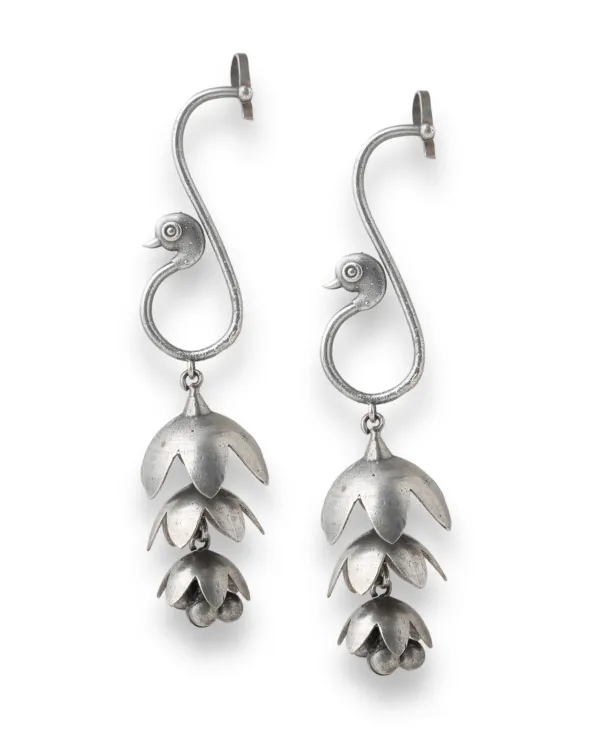 Silver_Oxidized_Bird_&_Bloom_Drop_Earrings_|_Handcrafted_Artistic_Earrings_For_Women