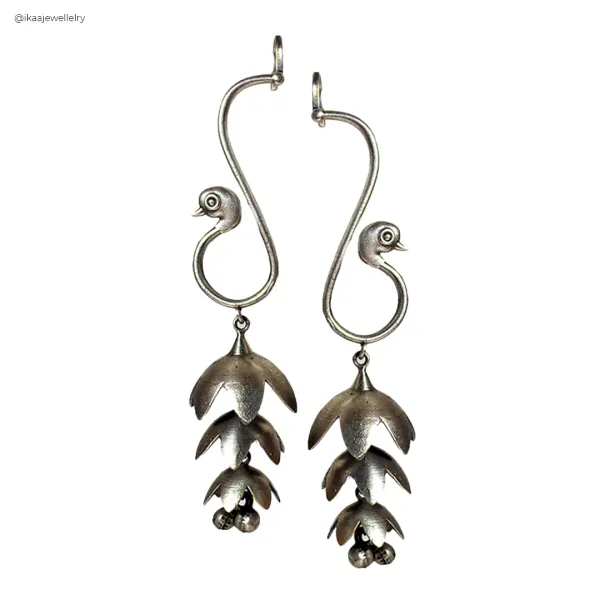 Silver_Oxidized_Bird_&_Bloom_Drop_Earrings_|_Handcrafted_Artistic_Earrings_For_Women