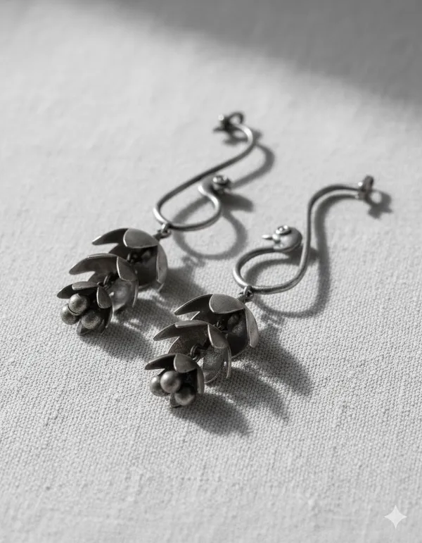 Silver_Oxidized_Bird_&_Bloom_Drop_Earrings_|_Handcrafted_Artistic_Earrings_For_Women