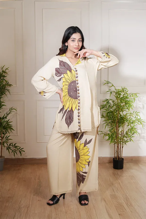 Beige_Elegant_Sunflower_Printed_Co-Ord_Set_-_Premium_Two-Piece_Outfit_For_Women