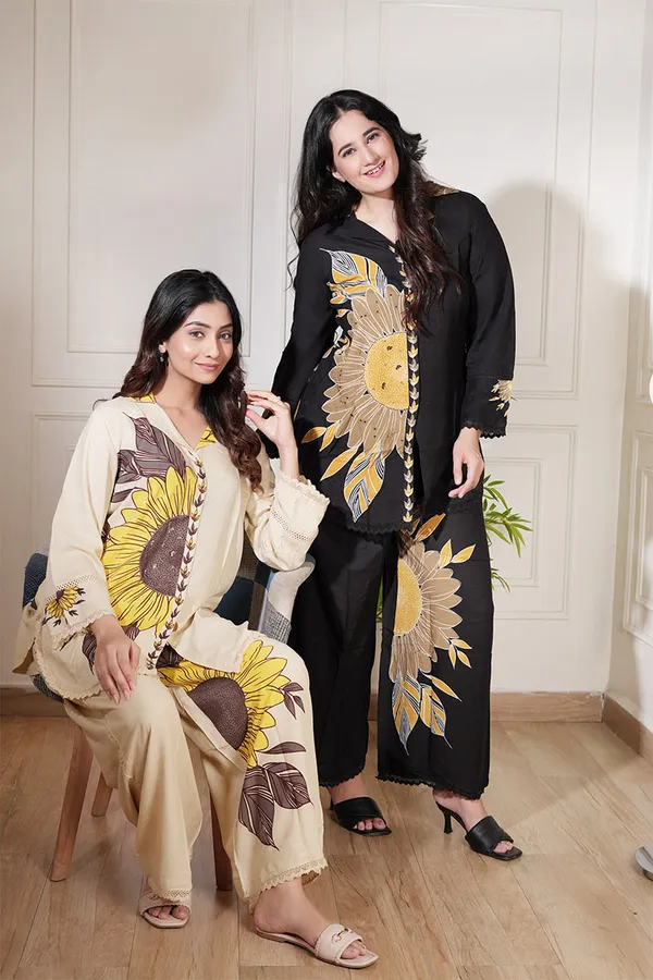 Beige_Elegant_Sunflower_Printed_Co-Ord_Set_-_Premium_Two-Piece_Outfit_For_Women