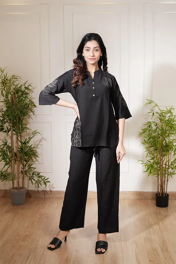 Black_Classic_Linen_Co-Ord_Set_With_Embroidered_Detailing_For_Women