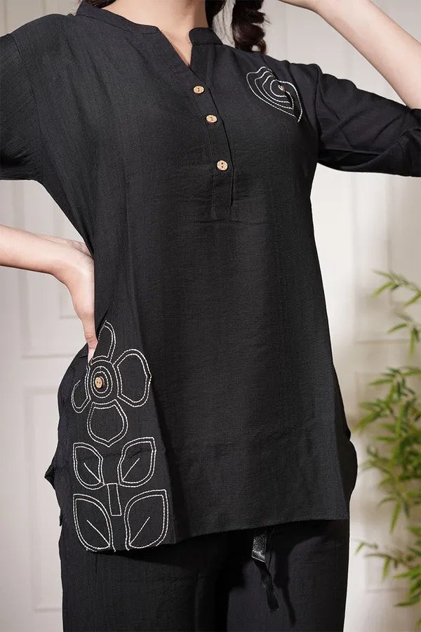Black_Classic_Linen_Co-Ord_Set_With_Embroidered_Detailing_For_Women