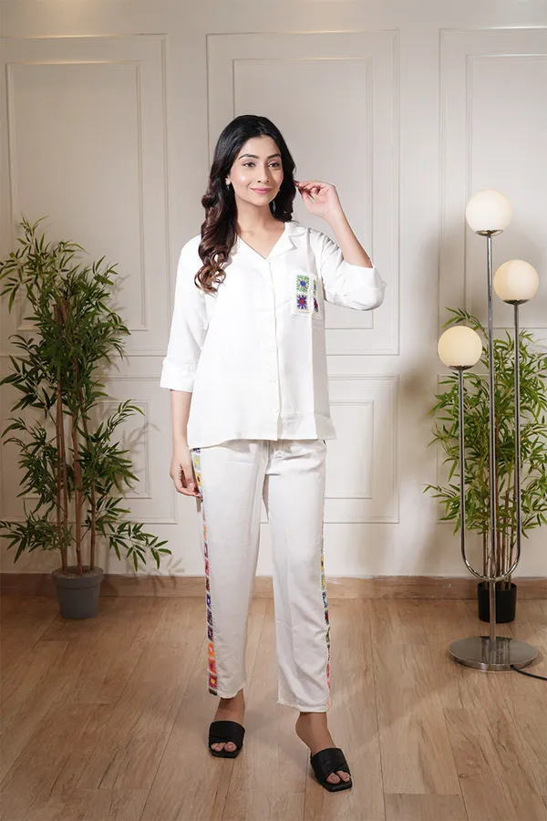 White_Linen_Co-Ord_Set_With_Colorful_Crochet_Detailing_For_Women