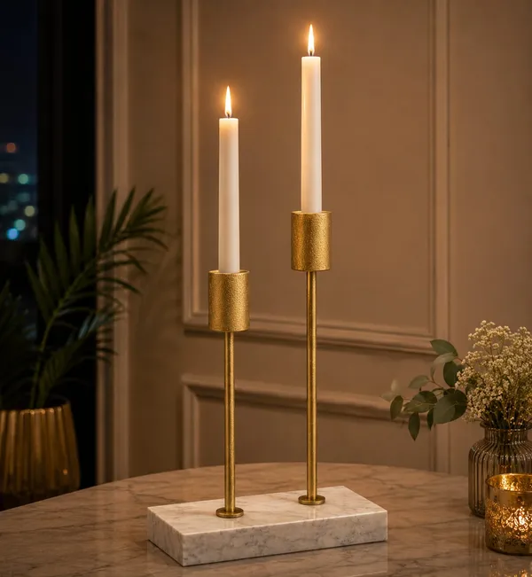 Dual_Candleholder_with_Marble_Base,_Gold_Metal_Stems