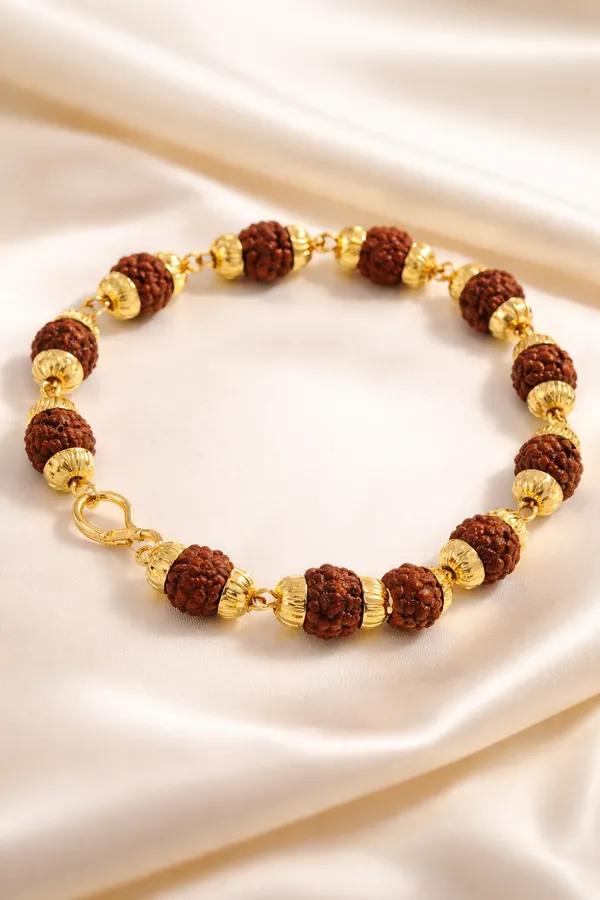Golden_Brown_5_Mukhi_Rudraksha_Golden_Capping_Chain_Bracelet_For_Men_And_Women