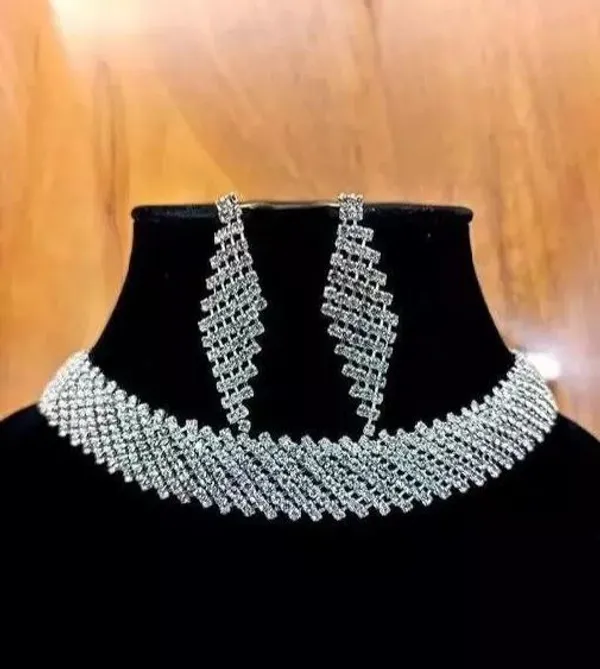 Silver_Plated_Single_Line_Big_Diamond_Choker_With_Earrings_For_Women