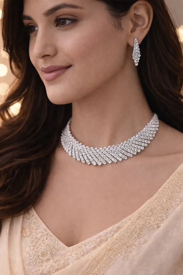 Silver_Plated_Single_Line_Big_Diamond_Choker_With_Earrings_For_Women