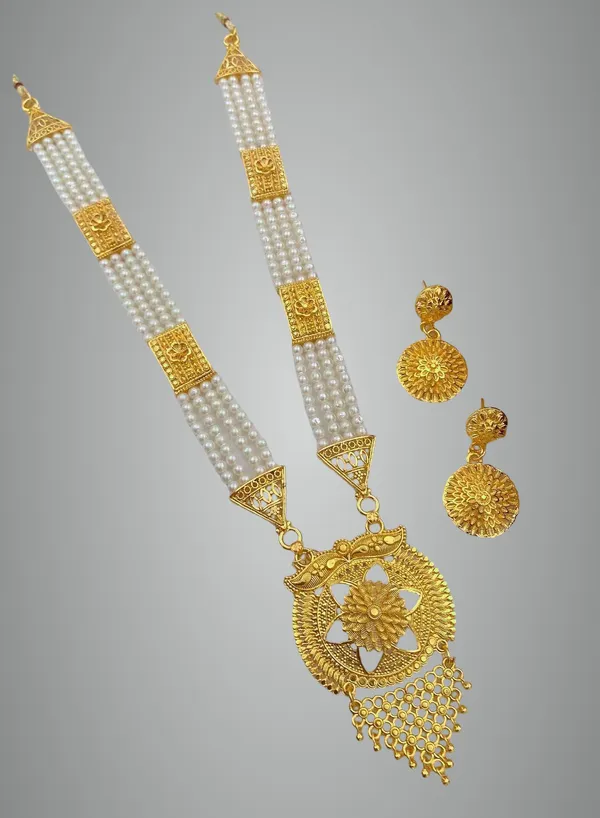 White_Traditional_Temple_Design_Long_Necklace_Set_With_Golden_Pendant_For_Women